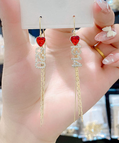 Pendientes de borla con forma de corazón de aleación roja con circonitas y números