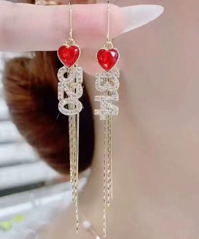 Pendientes de borla con forma de corazón de aleación roja con circonitas y números