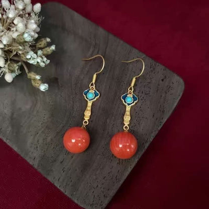 Pendientes colgantes de piedra preciosa roja regular y piedra preciosa turquesa