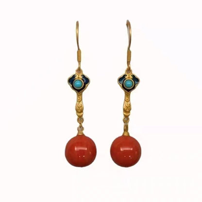 Pendientes colgantes de piedra preciosa roja regular y piedra preciosa turquesa