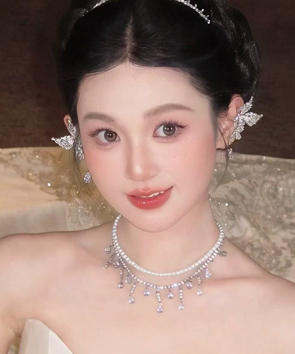 Regular Silk Copper Zircon Butterfly Water Droplet Stud Earrings