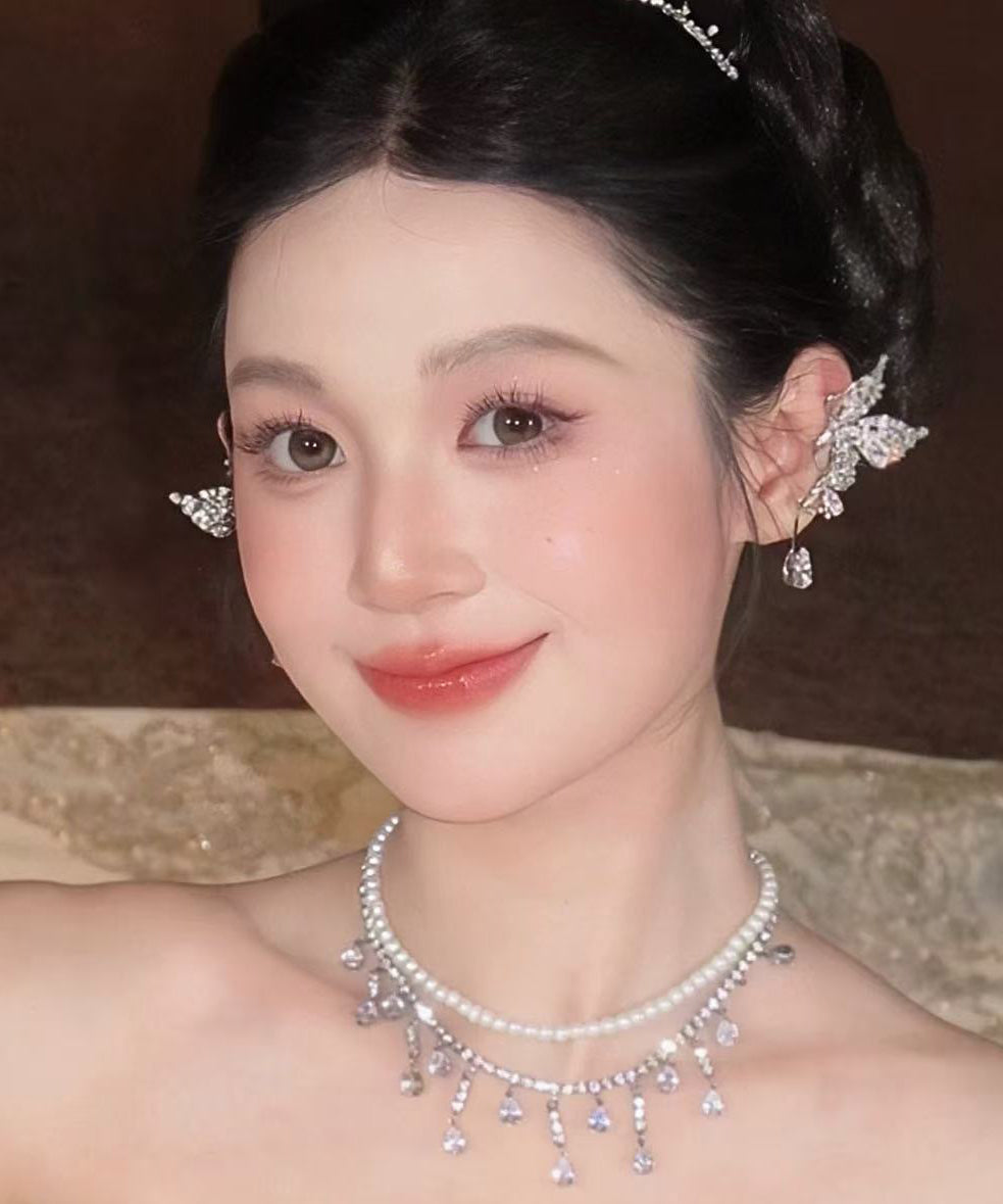 Regular Silk Copper Zircon Butterfly Water Droplet Stud Earrings