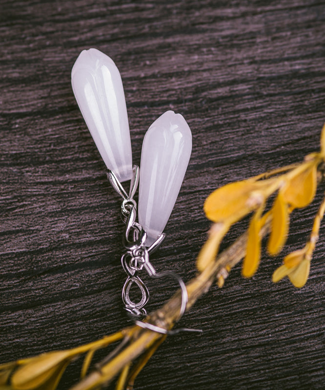 Pendientes colgantes con borlas de flor de magnolia de plata de ley y seda