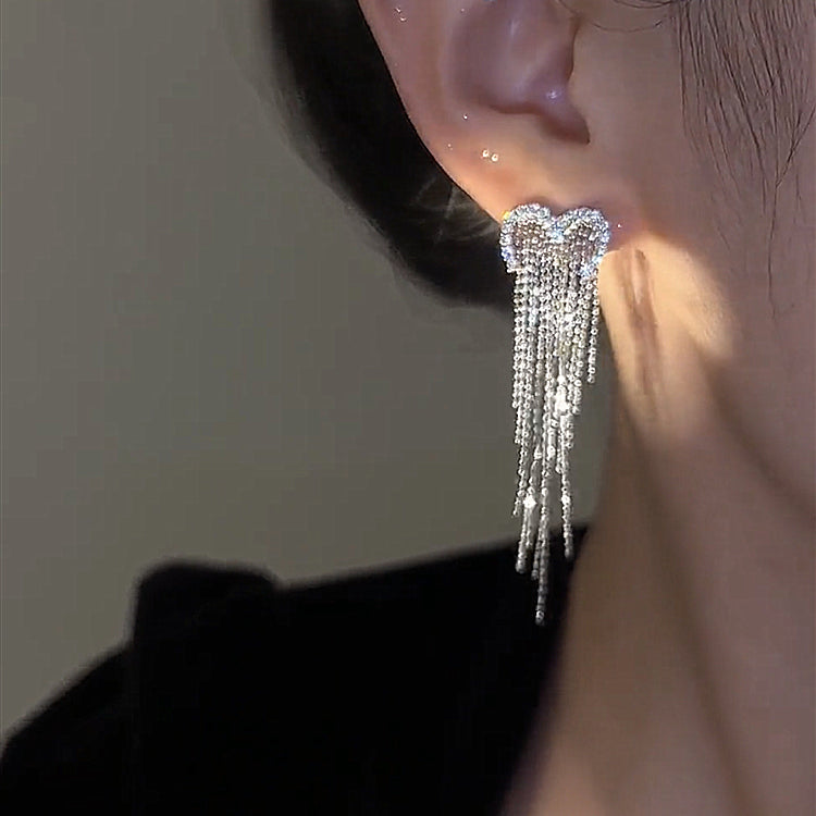 Pendientes colgantes con borlas de circonitas y seda de plata de ley