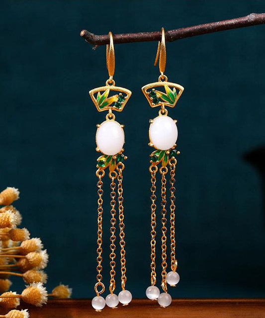 Pendientes colgantes con borlas de jade esmaltado y dorado en cobre blanco