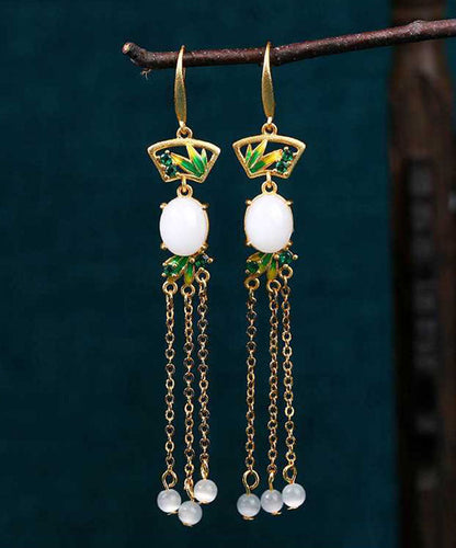 Pendientes colgantes con borlas de jade esmaltado y dorado en cobre blanco
