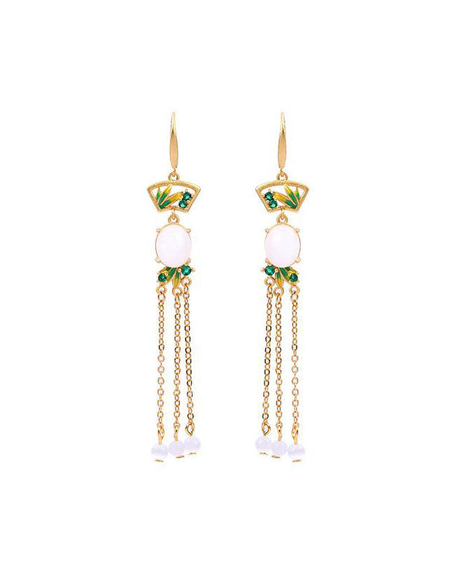 Pendientes colgantes con borlas de jade esmaltado y dorado en cobre blanco