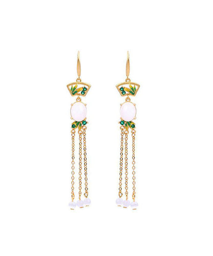 Pendientes colgantes con borlas de jade esmaltado y dorado en cobre blanco