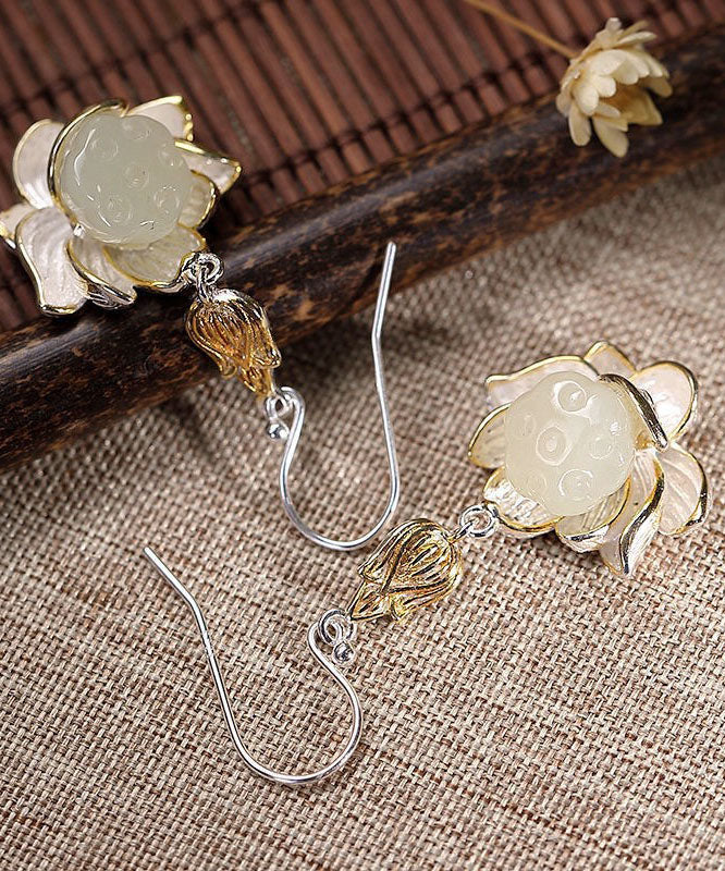 Pendientes colgantes de loto de jade blanco en plata de ley