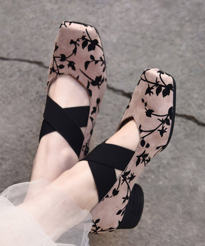 Retro Apricot Suede Elastic Cross Strap Chunky Heel