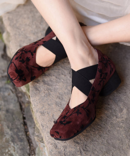 Retro Apricot Suede Elastic Cross Strap Chunky Heel