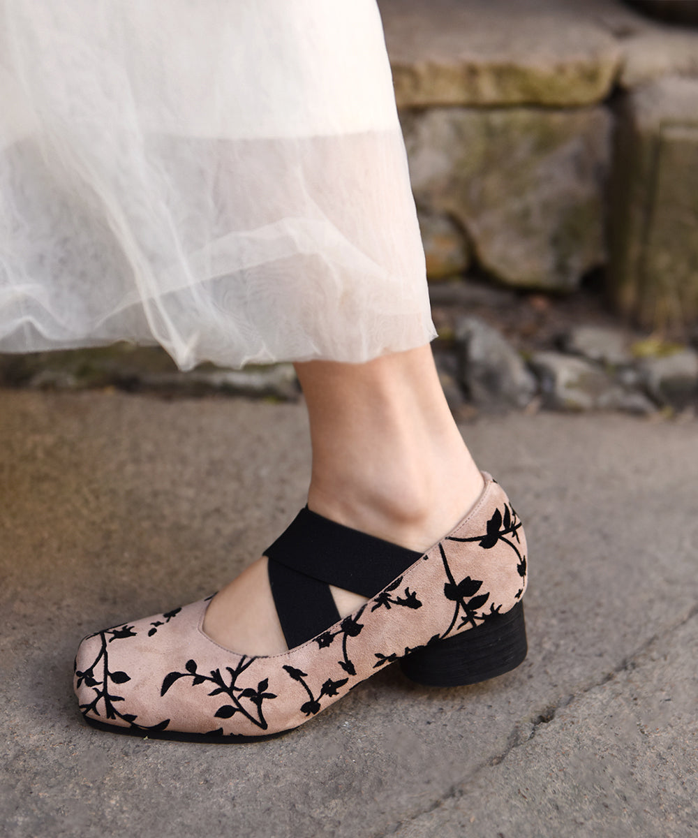 Retro Apricot Suede Elastic Cross Strap Chunky Heel