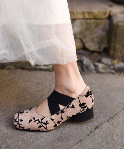 Retro Apricot Suede Elastic Cross Strap Chunky Heel