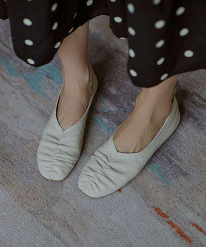 Retro Beige Pointed Toe Genuine Leather Flats Shoes - SooLinen