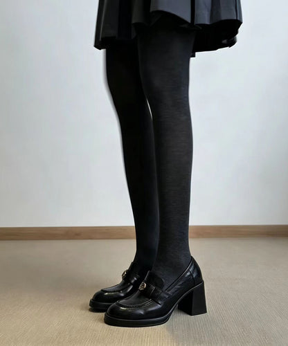 Retro Black Camellia Cowhide Leather Chunky Loafers