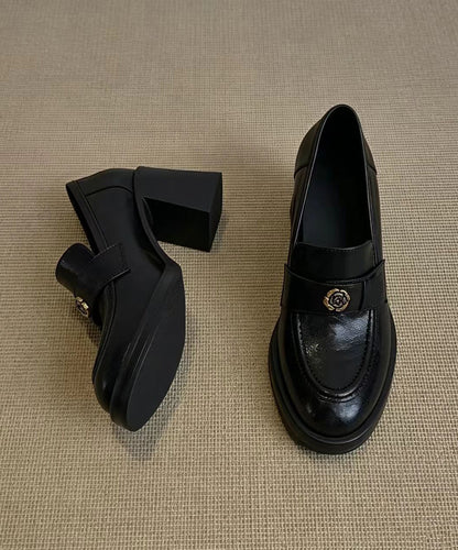 Retro Black Camellia Cowhide Leather Chunky Loafers