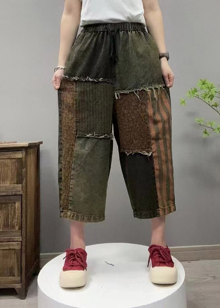 Retro Schwarz Elastische Taille Patchwork Gemütliche Denim Gerade Hosen