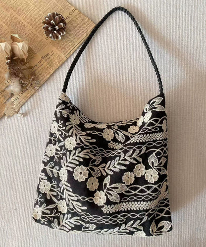 Bolsos de mano retro de algodón con flores bordadas en negro para mujer