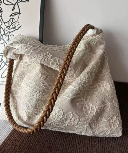 Bolsos de mano retro de algodón con flores bordadas en negro para mujer