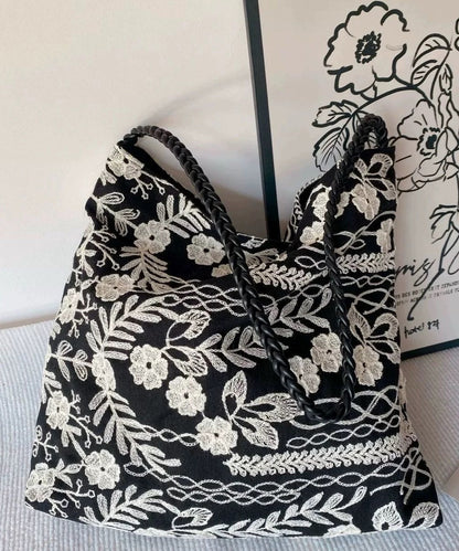 Bolsos de mano retro de algodón con flores bordadas en negro para mujer