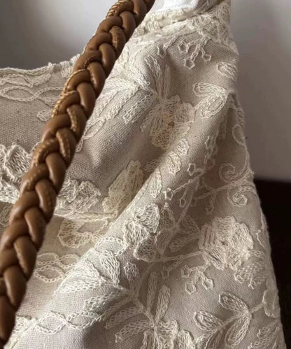 Bolsos de mano retro de algodón con flores bordadas en negro para mujer