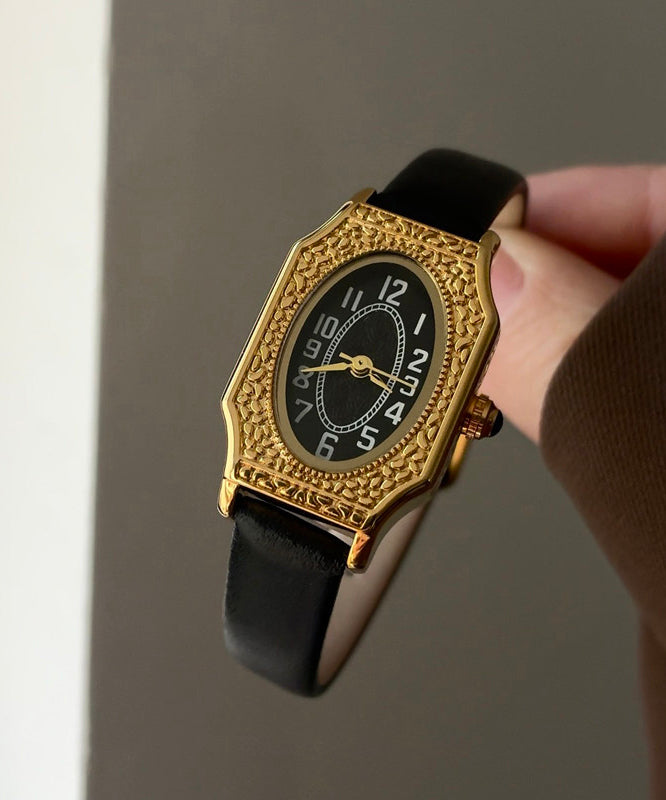 Retro Black Gold Black Mirror Leather Patchwork Square Floral Watches