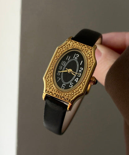 Retro Black Gold Black Mirror Leather Patchwork Square Floral Watches