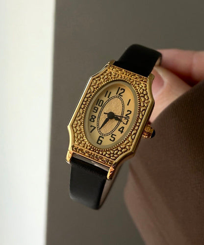 Retro Black Gold Black Mirror Leather Patchwork Square Floral Watches