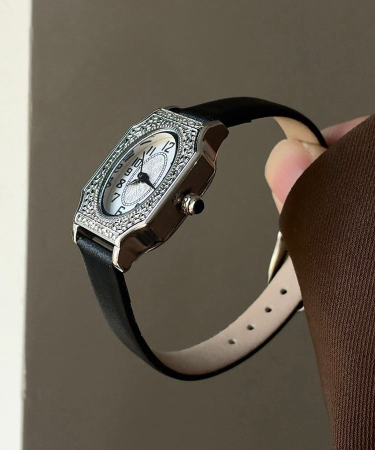 Retro Black Gold Black Mirror Leather Patchwork Square Floral Watches