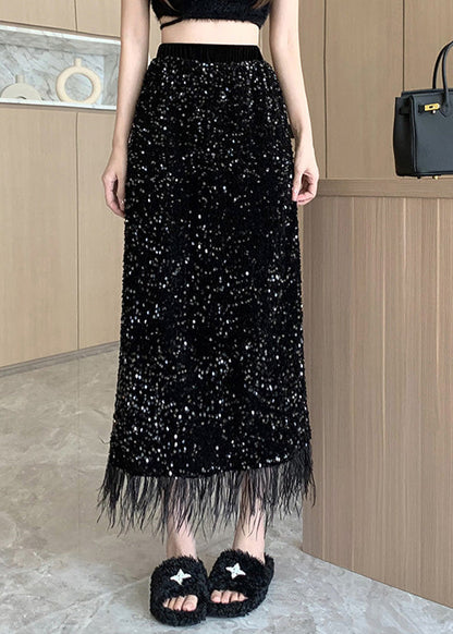 Retro Schwarz Hohe Taille Quaste Drapieren Tüll Röcke Frühling