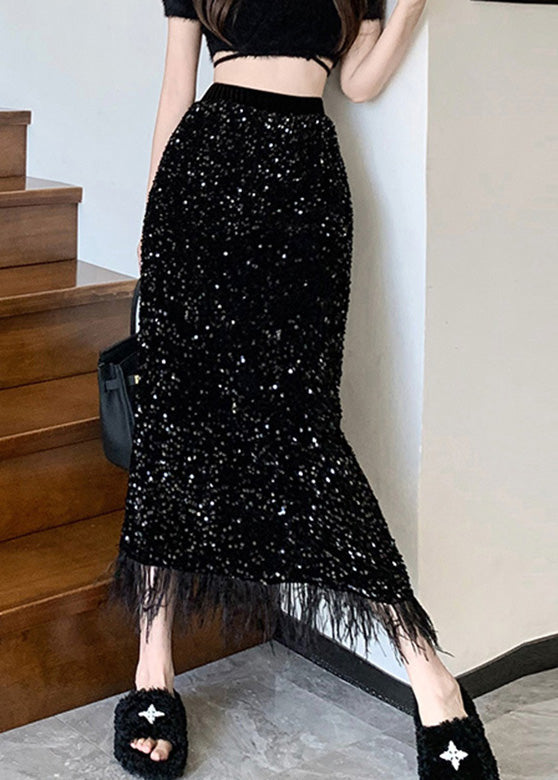 Retro Schwarz Hohe Taille Quaste Drapieren Tüll Röcke Frühling