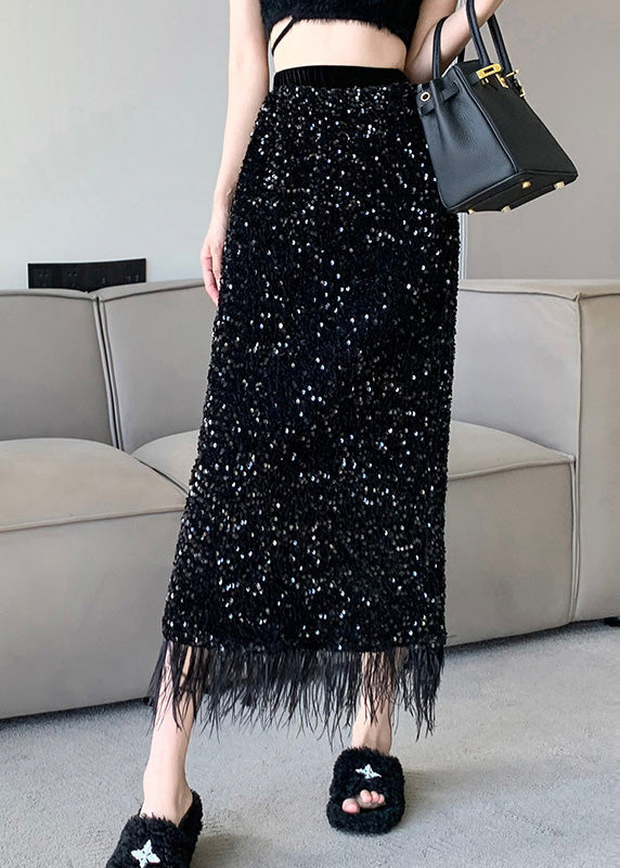 Retro Schwarz Hohe Taille Quaste Drapieren Tüll Röcke Frühling