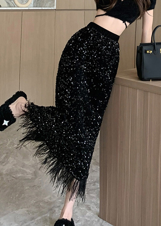 Retro Schwarz Hohe Taille Quaste Drapieren Tüll Röcke Frühling