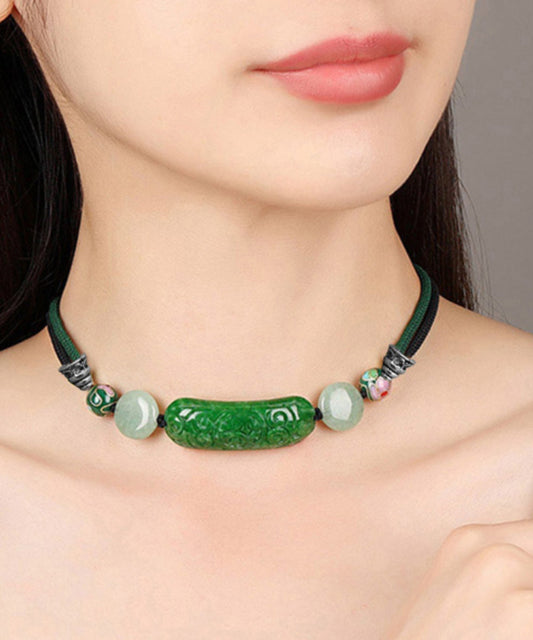 Retro Schwarzer Jade Achat Cloisonné Dry Green Verstellbares Quasten-Charm-Armband