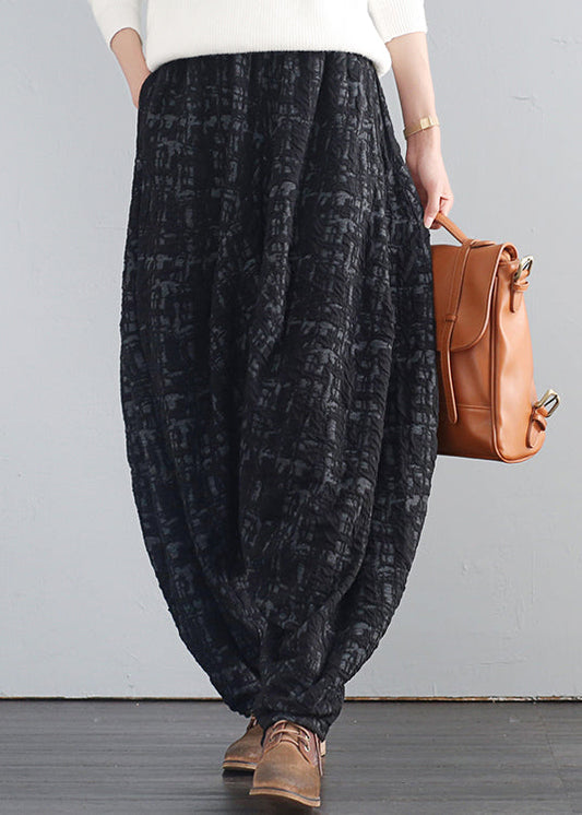 Retro Schwarz Print Elastische Taille Dicke Weite Bein Hosen Herbst