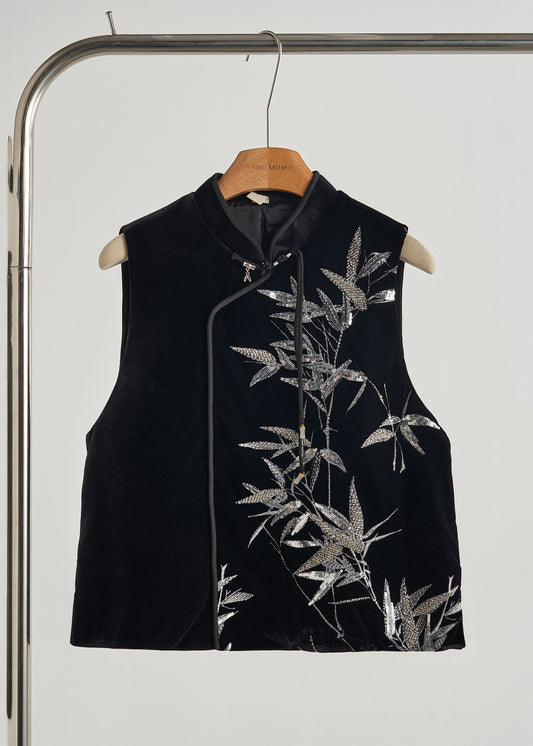 Top retro de terciopelo de seda de bambú con lentejuelas negras para primavera