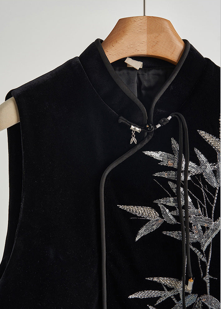 Retro-Top aus schwarzem Pailletten-Bambusseidenvelours für den Frühling