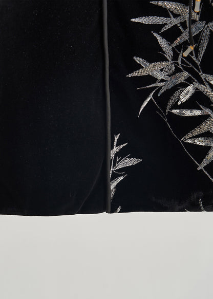 Retro-Top aus schwarzem Pailletten-Bambusseidenvelours für den Frühling