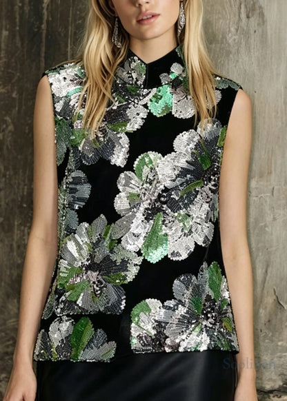 Retro Black Stand Collar Embroidered Sequins Velour Top Summer