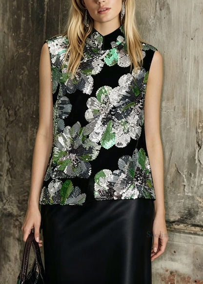 Retro Black Stand Collar Embroidered Sequins Velour Top Summer