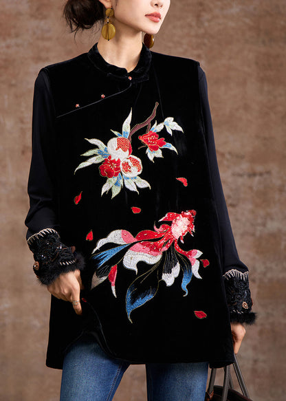 Retro Black Stand Collar Embroidered Waistcoat Sleeveless