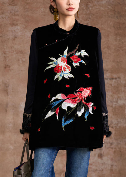 Retro Black Stand Collar Embroidered Waistcoat Sleeveless