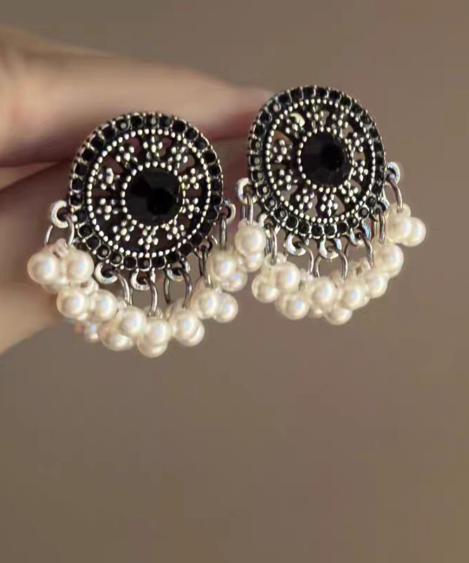 Retro Black Stelring Silver Zircon Hollow Out Pearl Tassel Stud Earrings