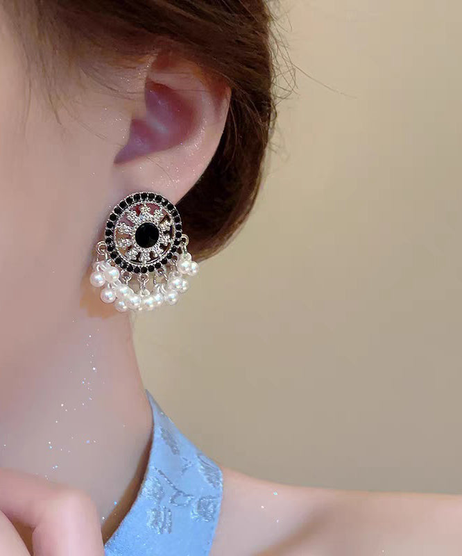 Retro Black Stelring Silver Zircon Hollow Out Pearl Tassel Stud Earrings