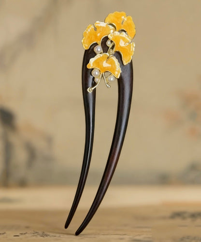 Retro Black Wooden Pearl Floral U-Shaped Hairpin