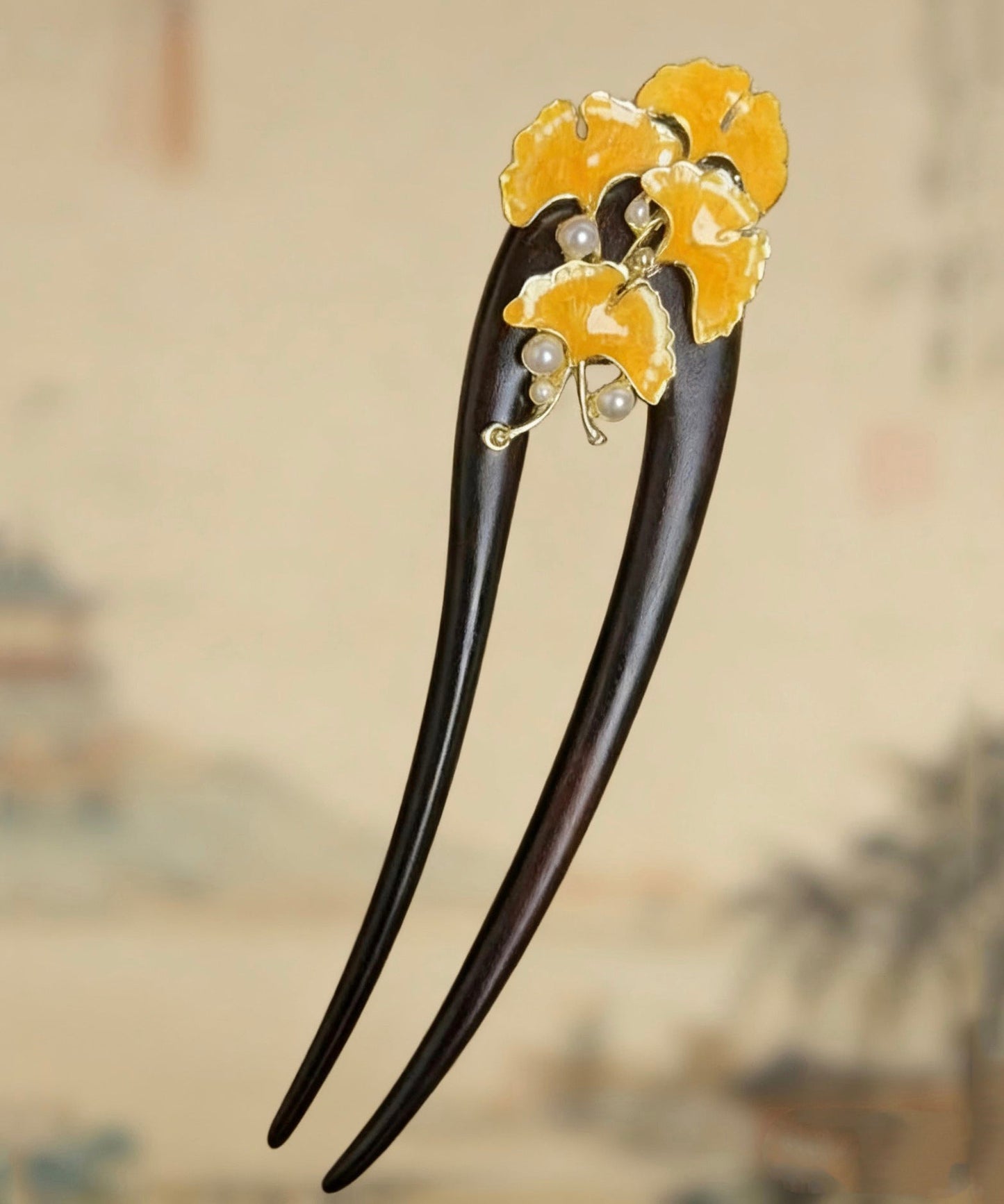 Retro Black Wooden Pearl Floral U-Shaped Hairpin