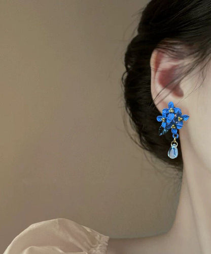 Retro Blue Alloy Acrylic Floral Crystal Water Droplet Drop Earrings