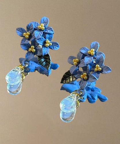 Retro Blue Alloy Acrylic Floral Crystal Water Droplet Drop Earrings