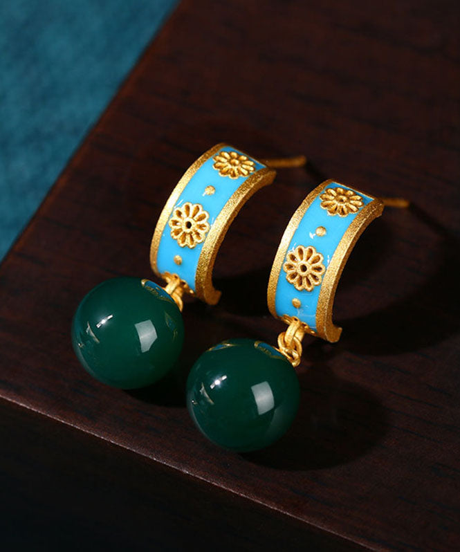 Pendientes de aro con flores de calcedonia dorada antigua azul retro