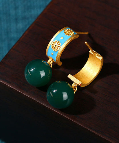 Pendientes de aro con flores de calcedonia dorada antigua azul retro